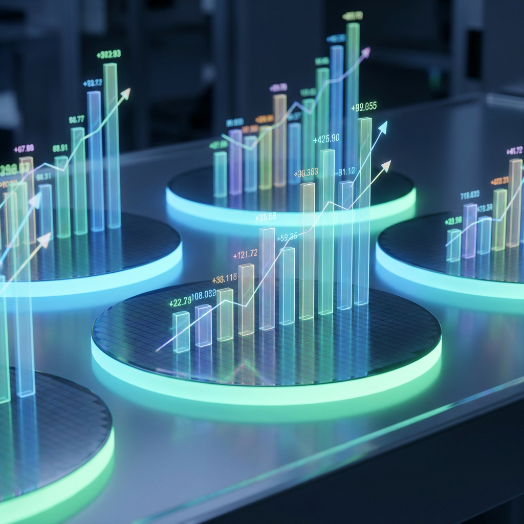 3D holographic bar charts with upward arrows and data points on glowing circular platforms.
