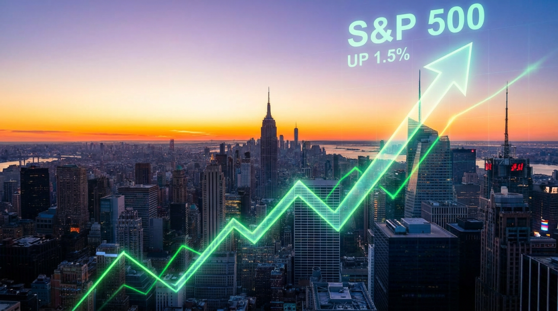 Upward green line graph over NYC skyline with text S&P 500 UP 1.5%.