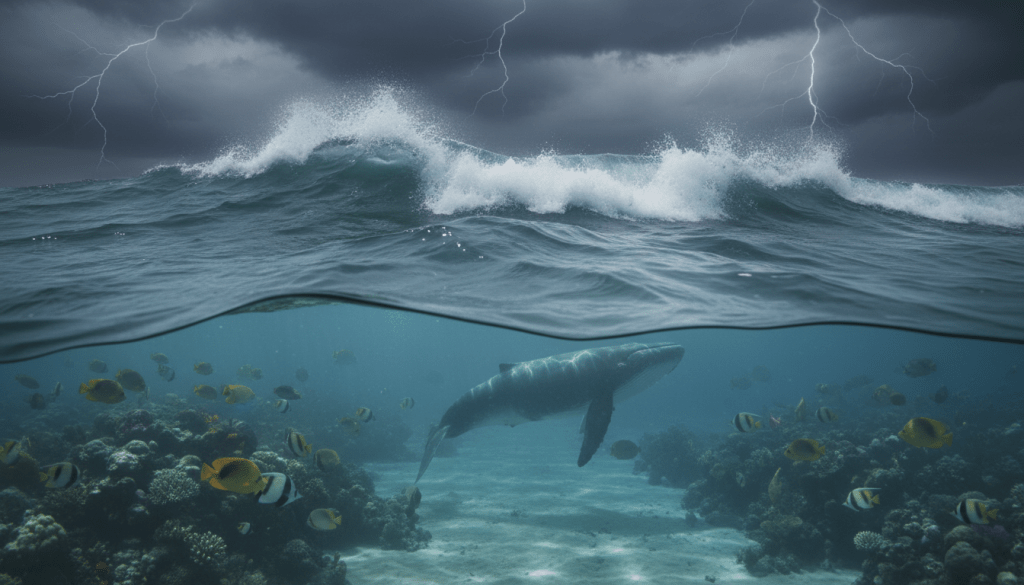 Split view of a storm with lightning above and a calm coral reef with a whale below.