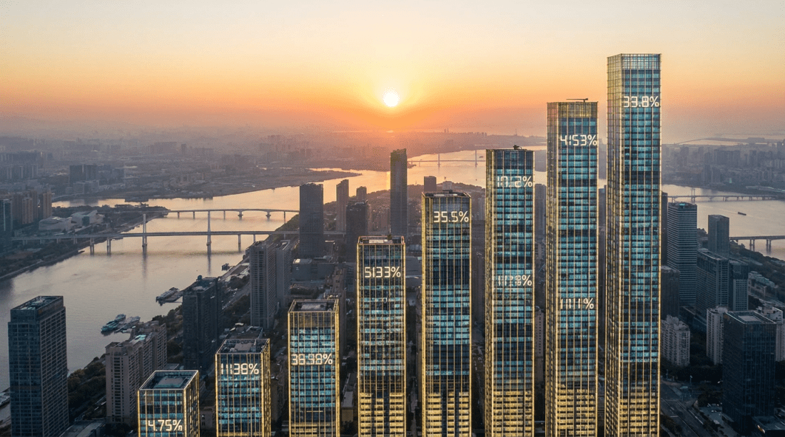 City skyline at sunset with digital percentage data overlaid on glass skyscrapers.