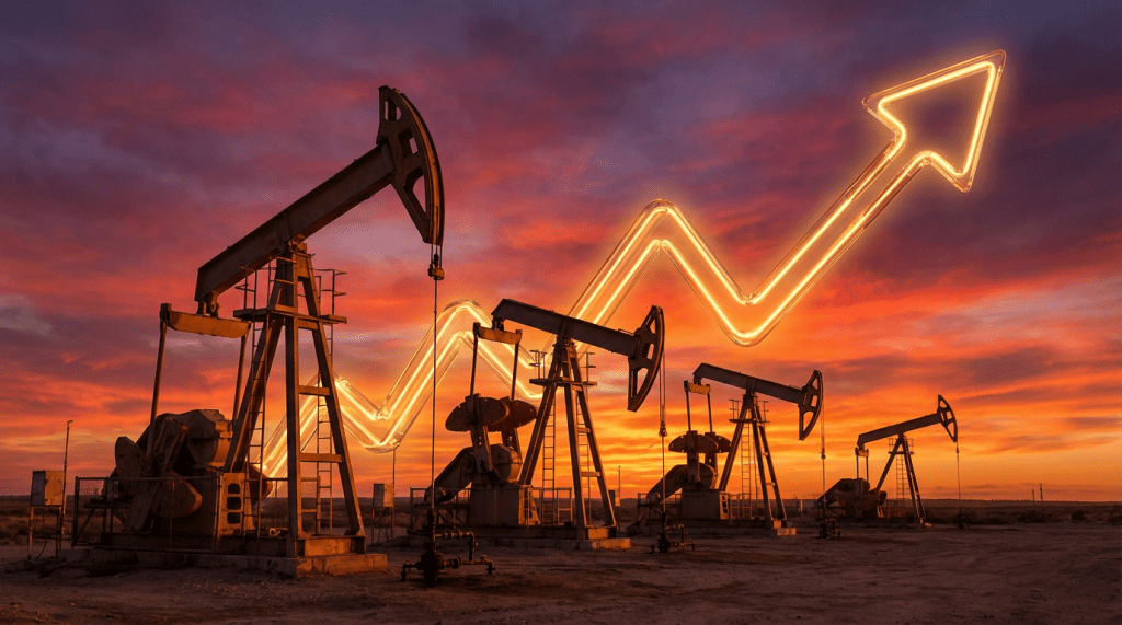Oil pumpjacks with a glowing upward arrow graph at sunset