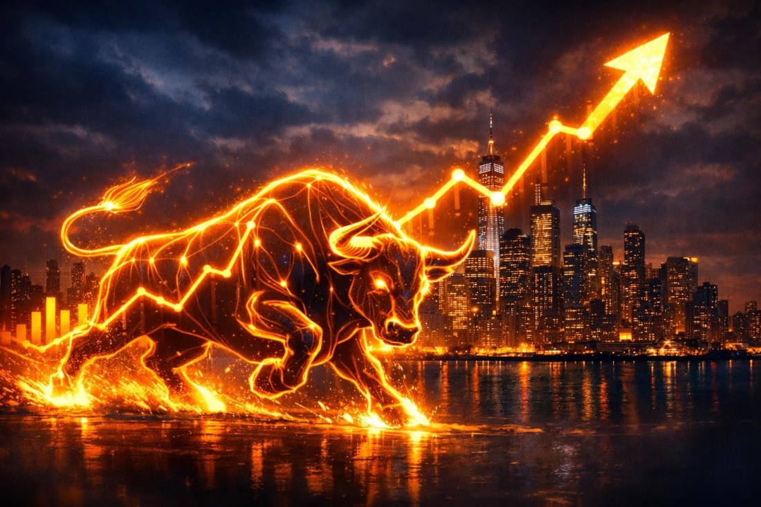 Glowing fiery bull with rising stock graph over city skyline at night