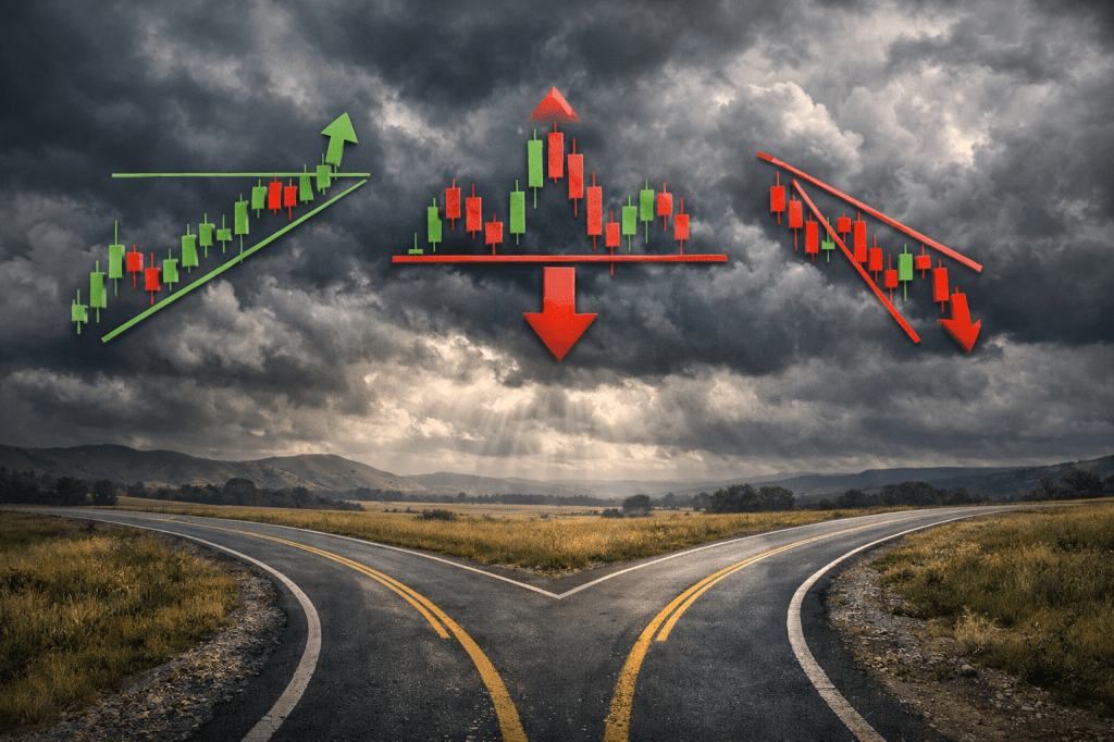 Three stock candlestick chart patterns with green and red bars and arrows indicating up or down trends over a forked road under cloudy sky