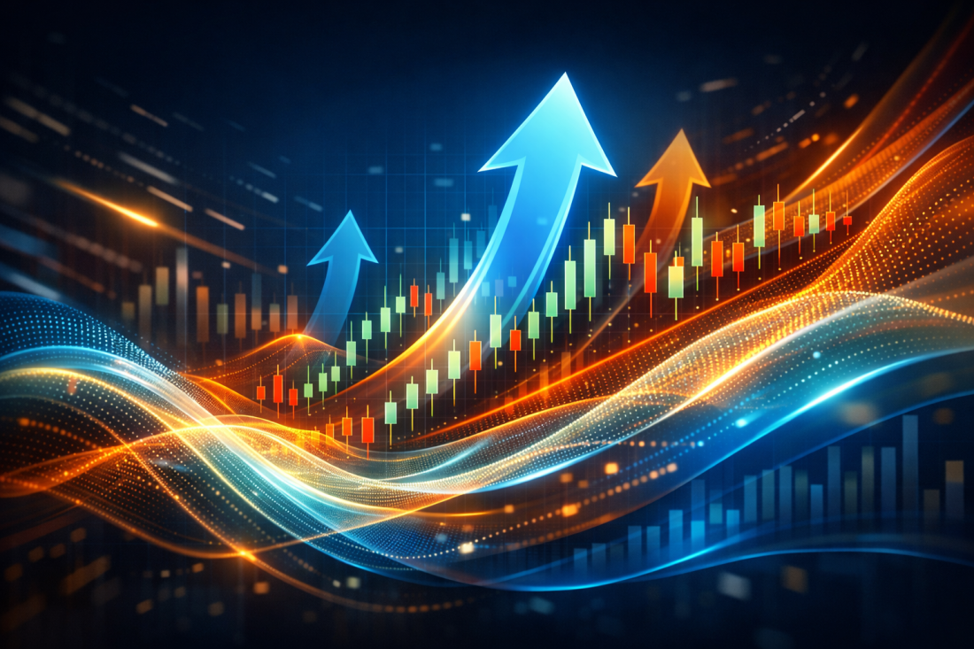 Candlestick financial chart with upward arrows indicating growth