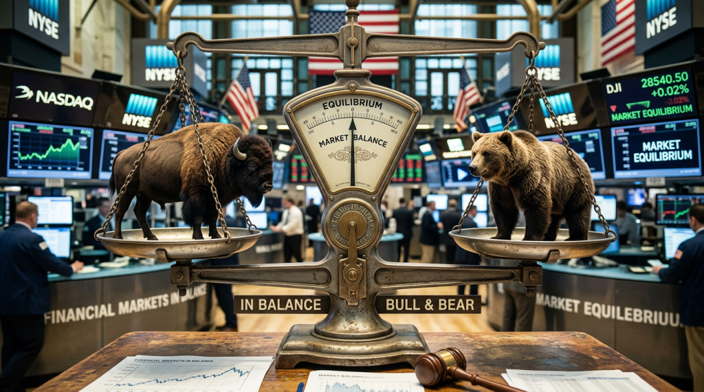 Scale balancing bull and bear figurines symbolizing market equilibrium in a stock exchange