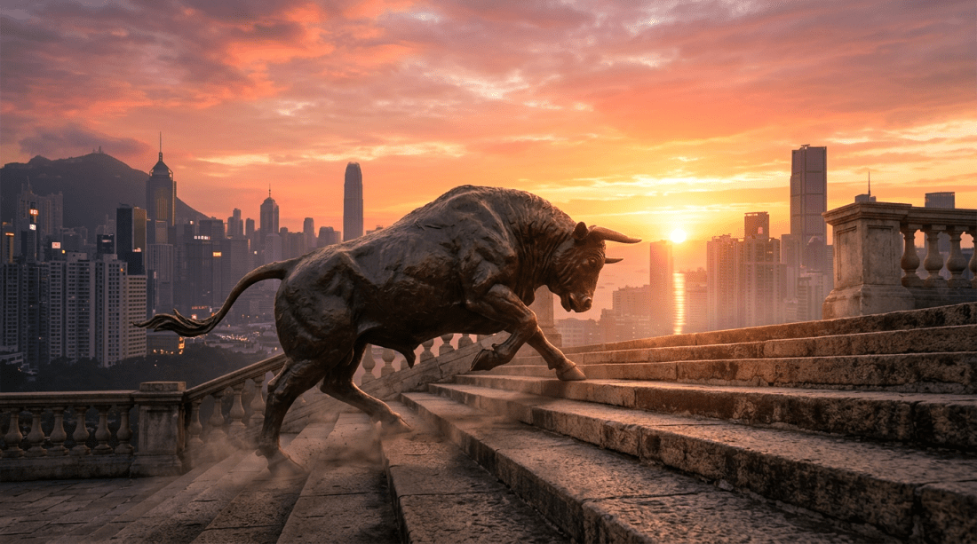 Bronze bull statue climbing stone steps with city skyline and sunset in background
