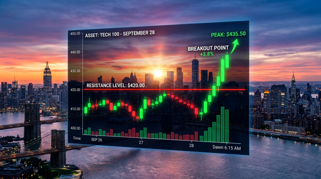 Stock price chart with resistance level at $420 and breakout to peak $435.50 on September 28