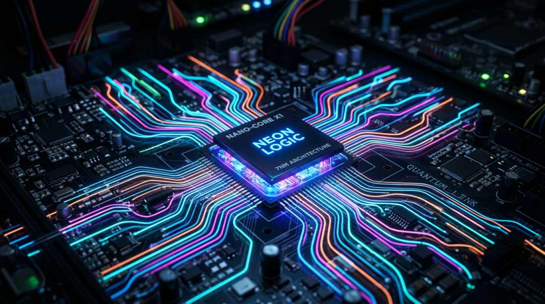 Microchip labeled Neon Logic with colorful neon circuit lines radiating across a motherboard