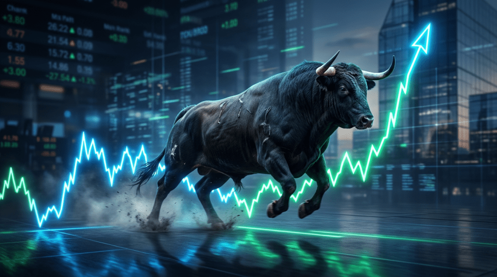 Black bull running in front of a glowing upward stock market line chart.