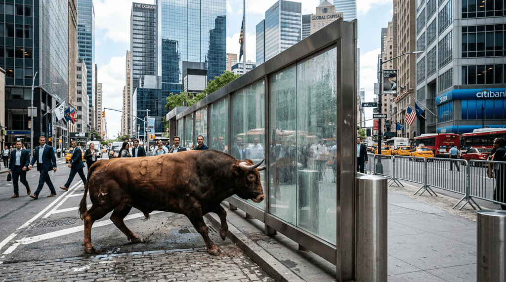 Bull charging a glass barrier in an urban street with pedestrians and skyscrapers
