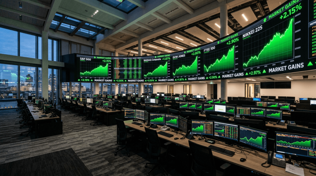 Trading room with multiple computer monitors showing upward stock market graphs and financial data