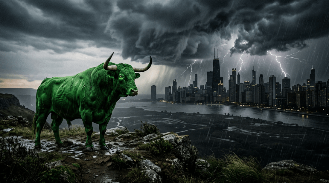 Green bull on rocky cliff with stormy sky and city skyline lightning