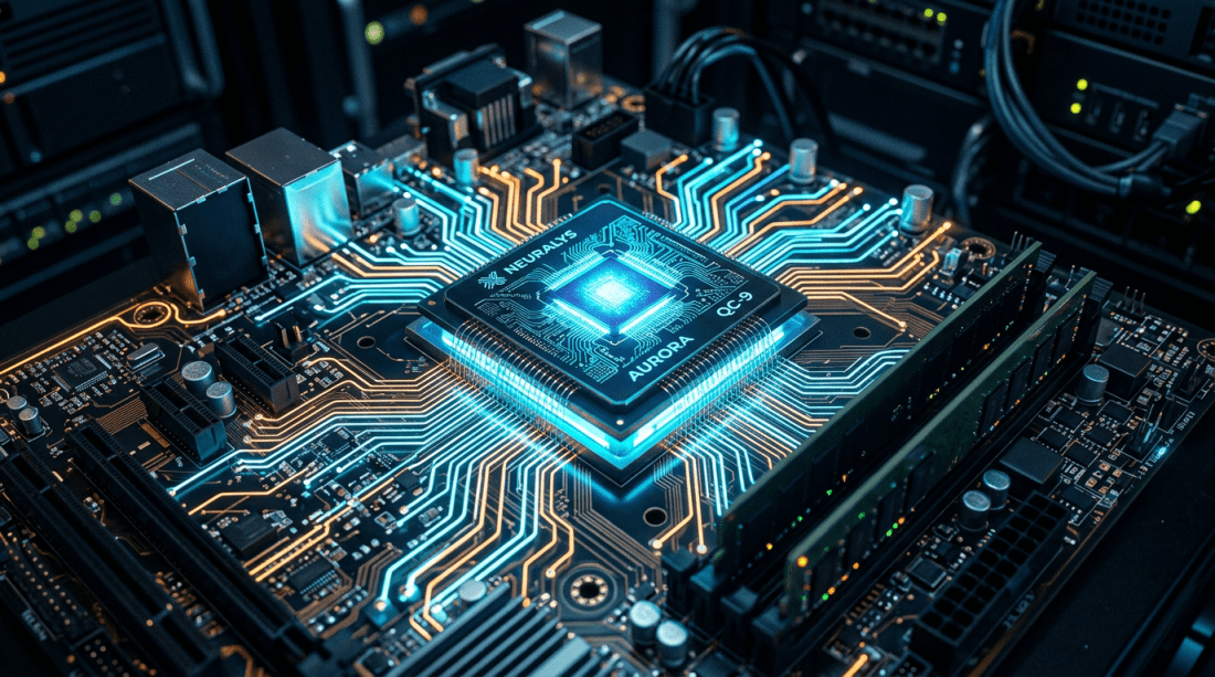 Neural chip labeled AUROPA QC-9 glowing on computer motherboard with circuit pathways