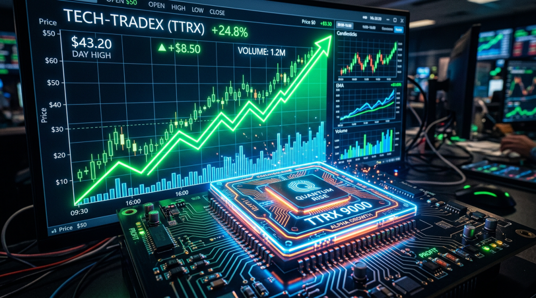 Stock market chart displaying Tech-Tradex price increasing with quantum processor chip labeled TTRX 9000