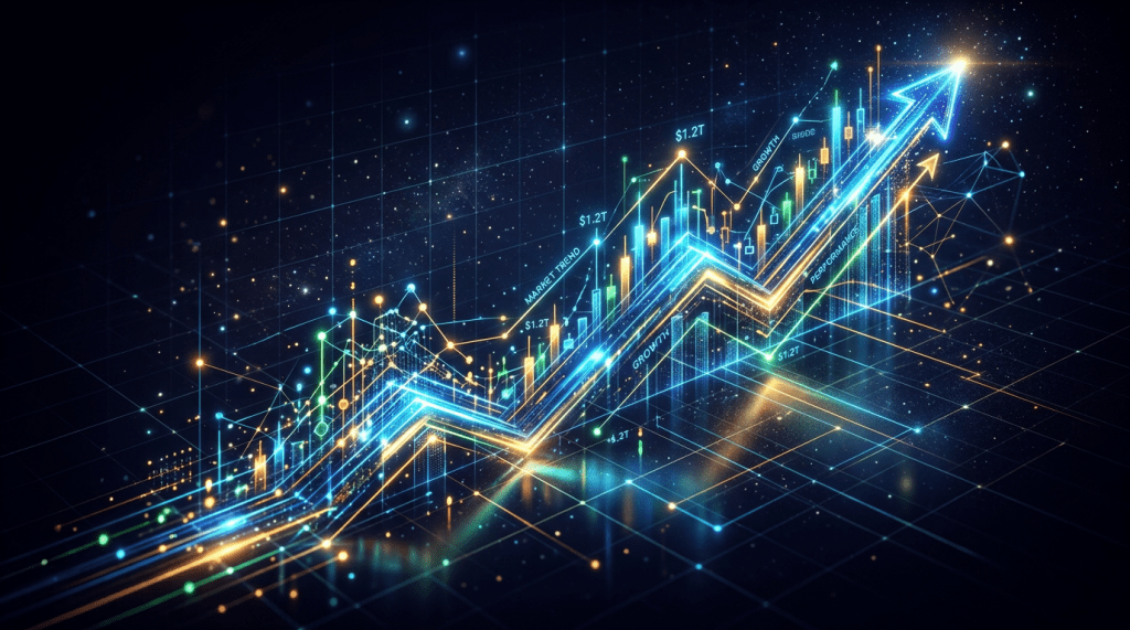 3D digital graph showing upward market trend with glowing lines and data points