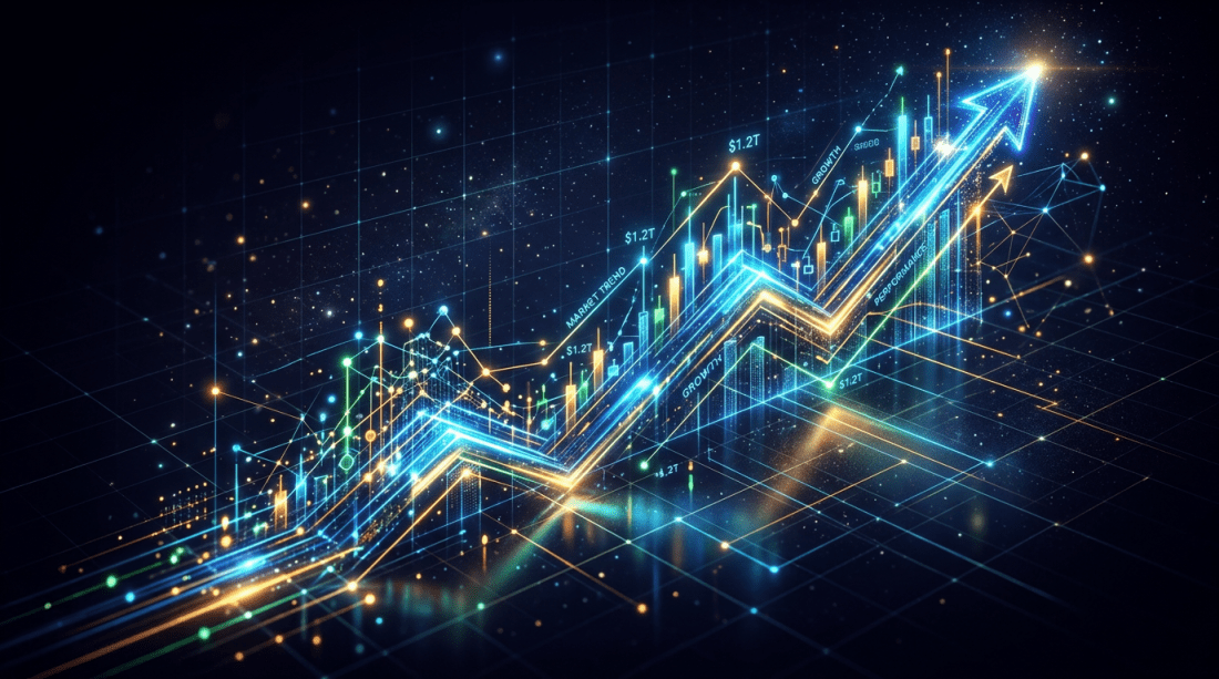 3D digital graph showing upward market trend with glowing lines and data points