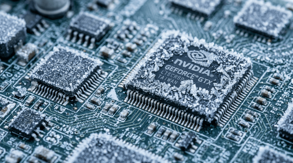 NVIDIA GeForce GTX chip on a circuit board covered with frost