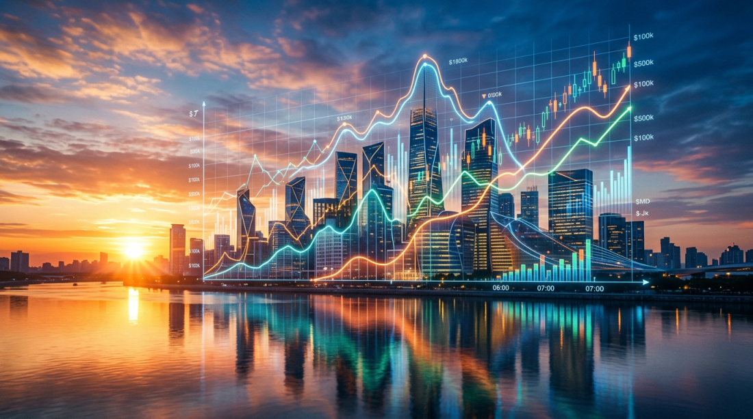City skyline at sunset with overlaid financial graphs and data visualizations
