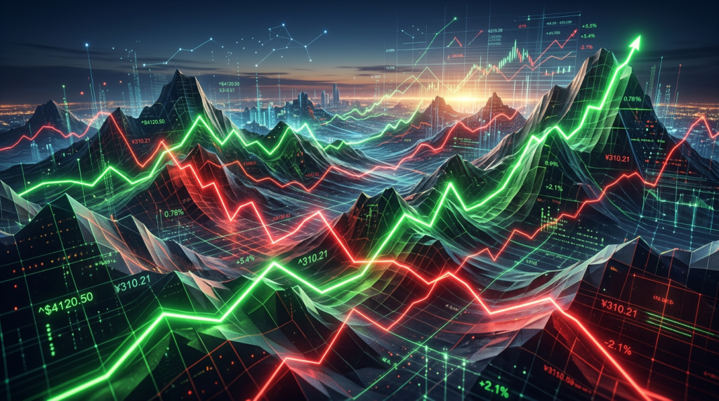 3D market data visualization with green and red line graphs over mountain-like grids