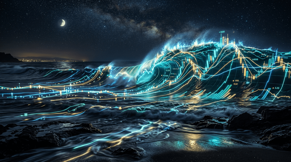 Ocean wave illuminated with digital charts and data graphs at night