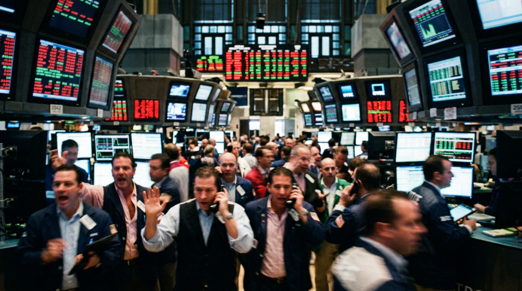 Stock traders on a busy trading floor using phones and computers with multiple stock price screens