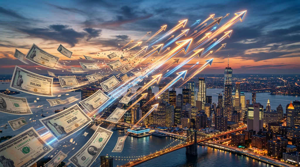 City skyline at sunset with rising digital arrows and flying money bills