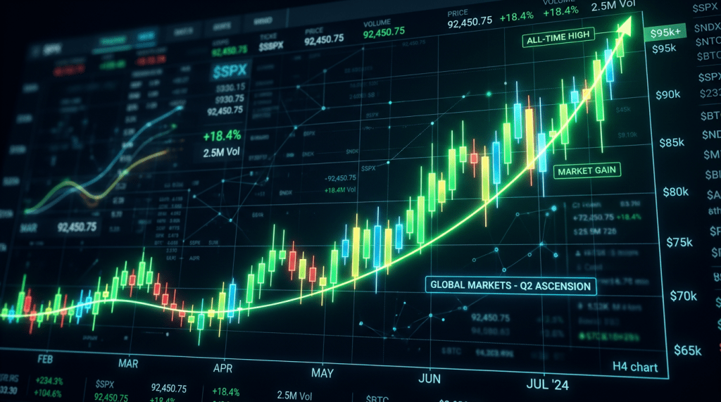 Candlestick stock chart displaying rising prices and volume from February to July 2024, labeled global markets Q2 ascension