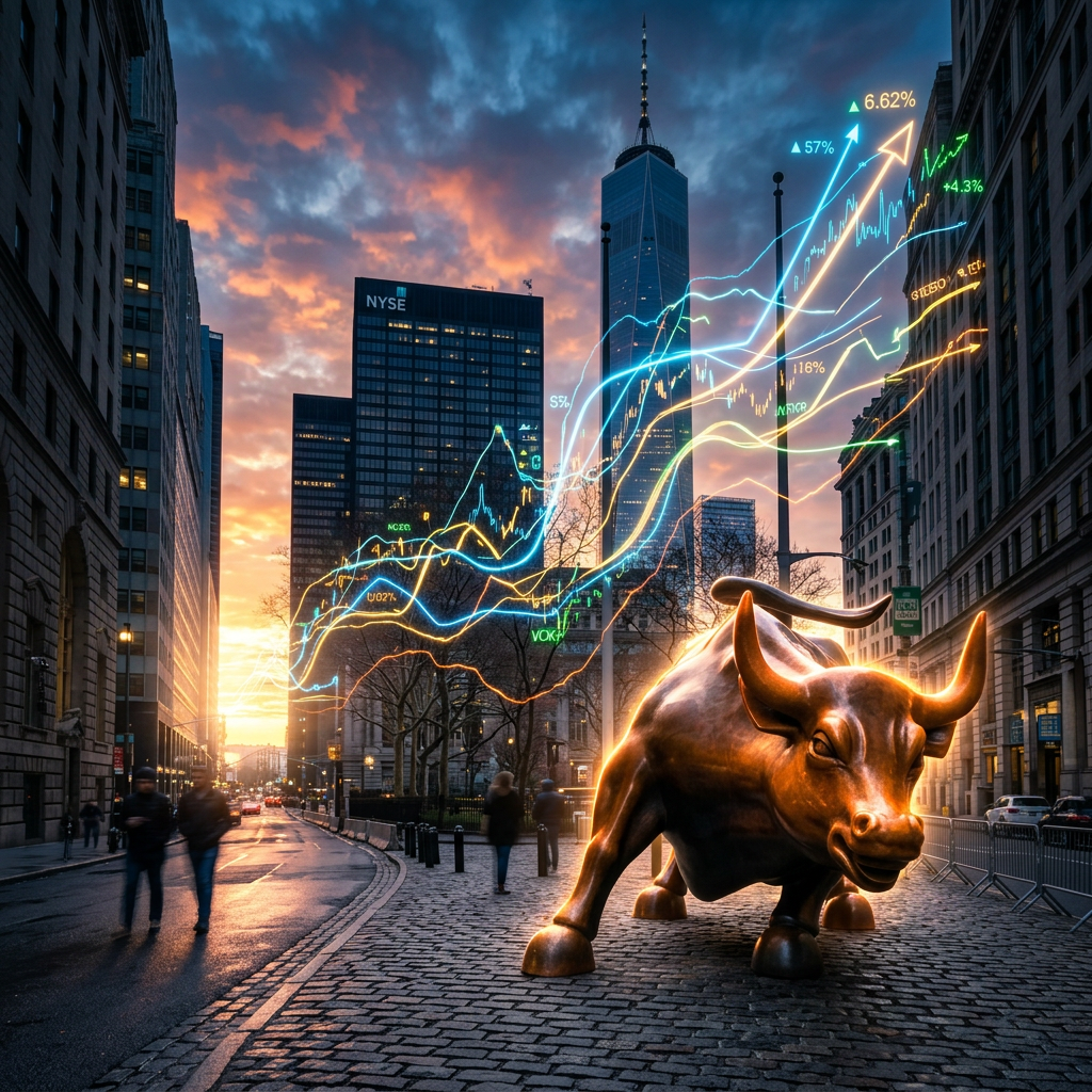 Charging Bull statue with glowing rising stock market graphs in front of New York City buildings