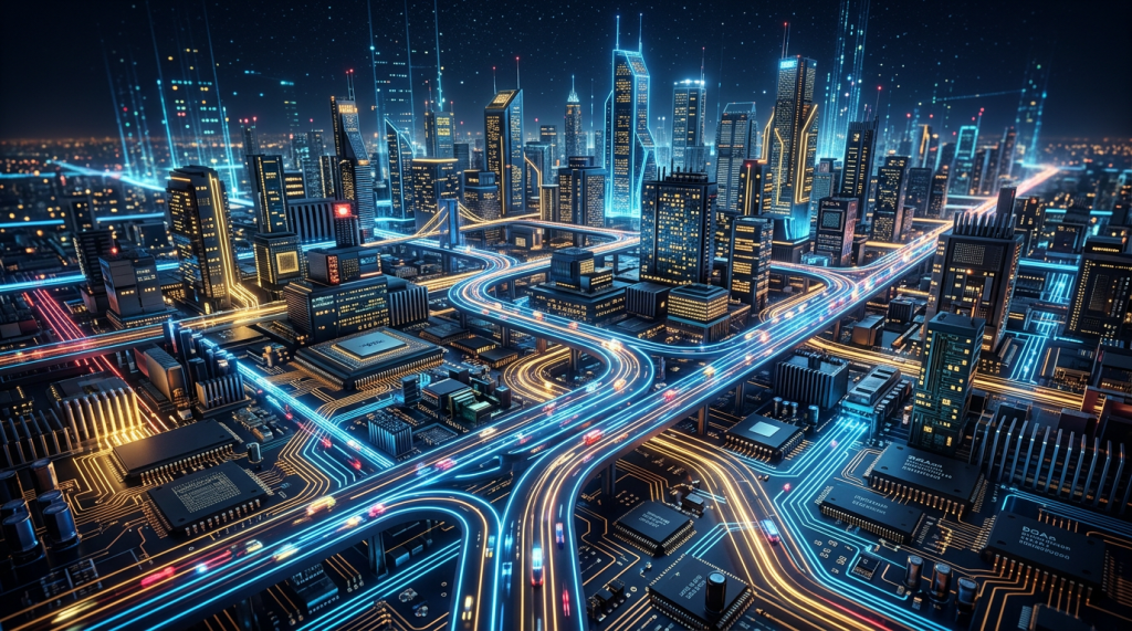 Digital cityscape made of skyscrapers and highways resembling electronic circuits with glowing blue and orange lines