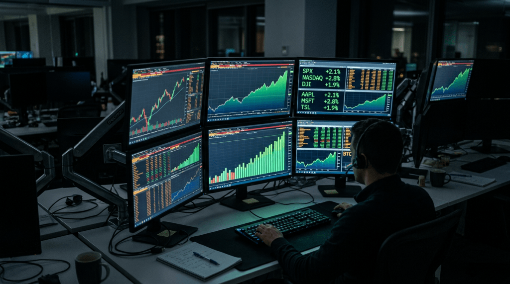 Person analyzing stock and cryptocurrency market charts on six monitors in an office