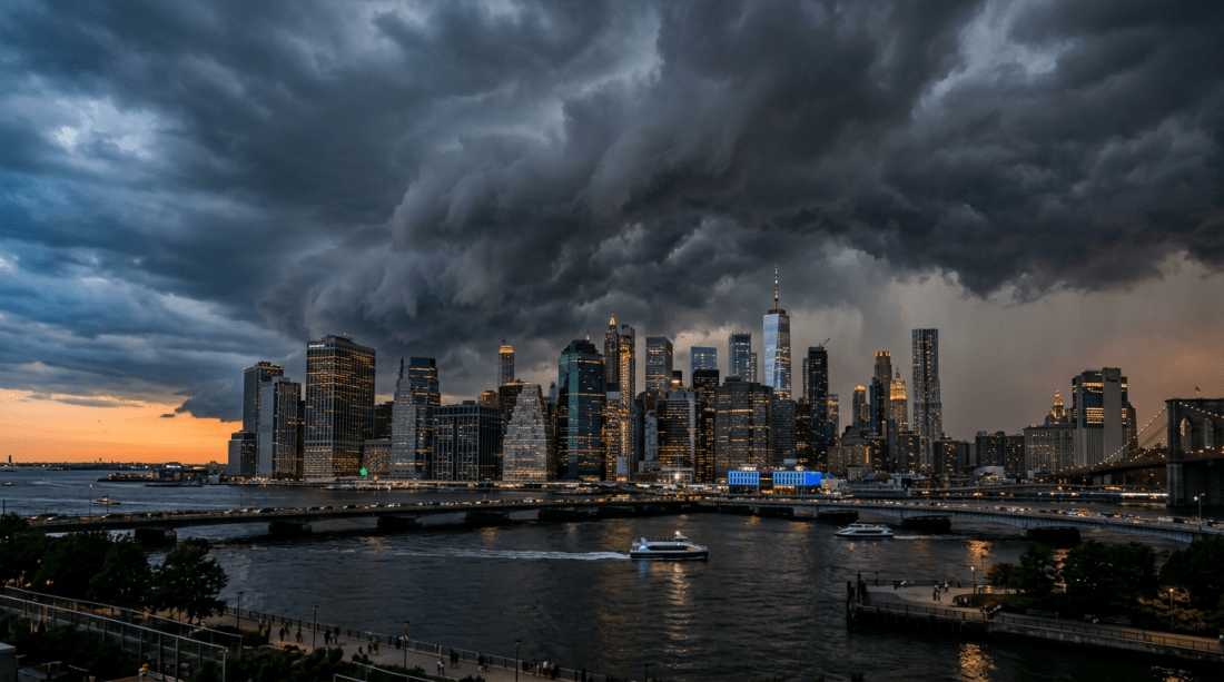 New York City skyline with dark storm clouds overhead and lit buildings at dusk