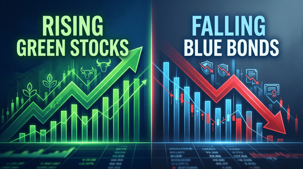 Green stock prices rising with upward arrow and blue bond prices falling with downward arrow
