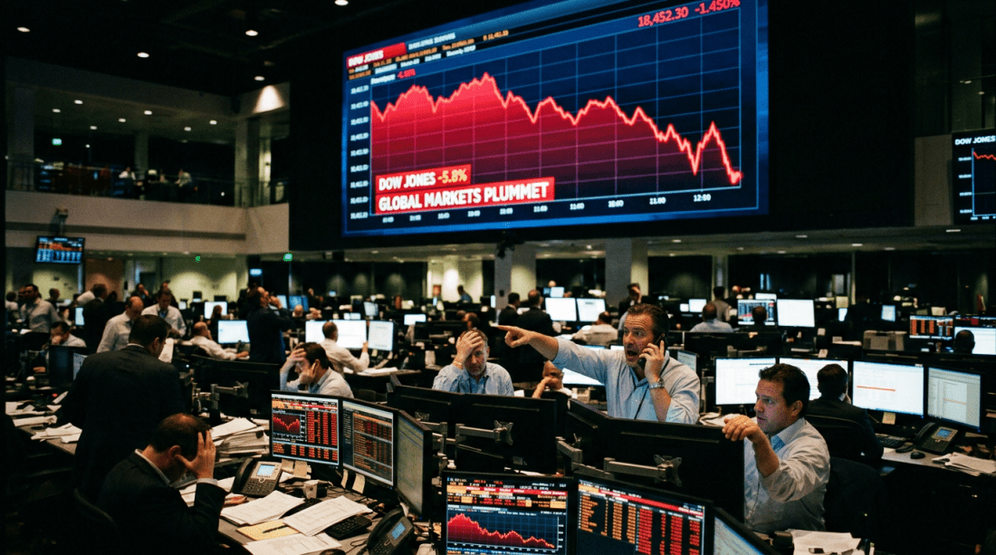 Stock traders in a busy trading floor reacting to a Dow Jones market drop