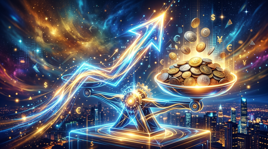 Glowing balance scale with digital coins and upward financial growth arrow