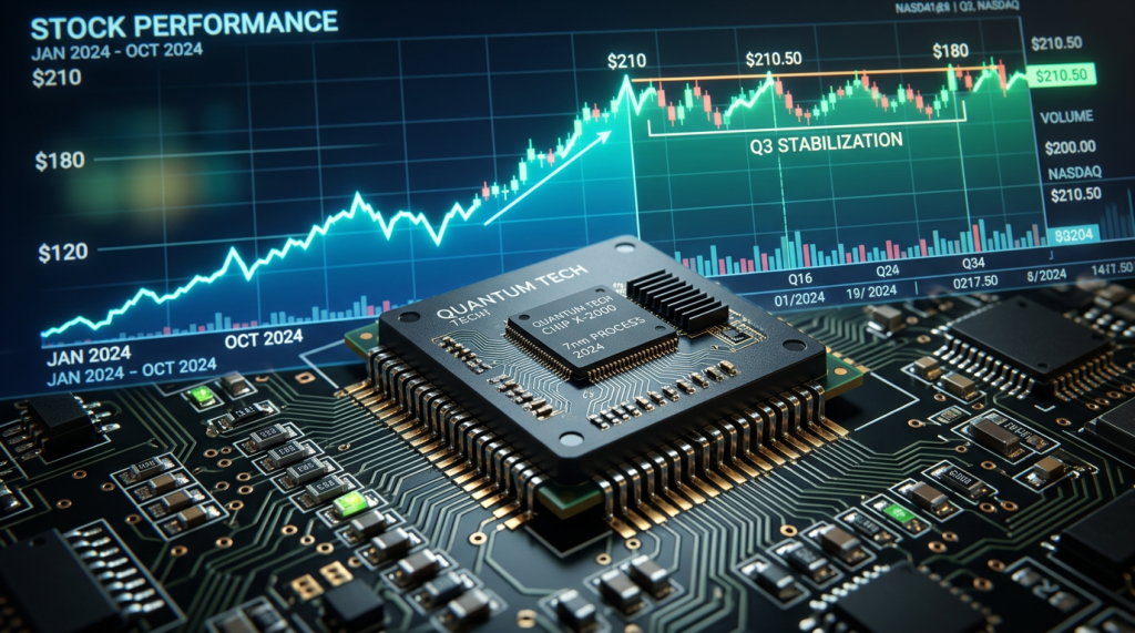 Quantum Tech chip on circuit board with stock performance chart from Jan to Oct 2024