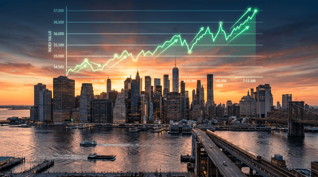 City skyline at sunrise with glowing stock market index graph showing upward trend