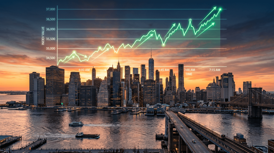 City skyline at sunrise with glowing stock market index graph showing upward trend