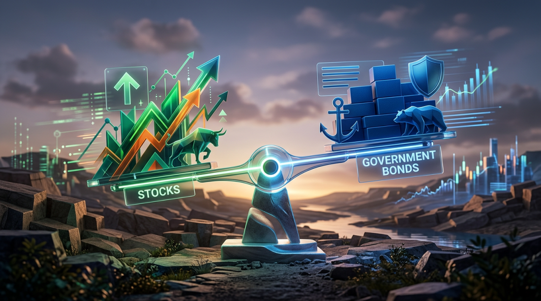 Digital scale with stocks rising and government bonds icons balanced