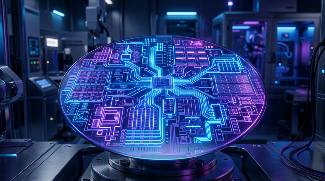 Circular semiconductor wafer with illuminated intricate circuitry patterns on a metal platform in a cleanroom