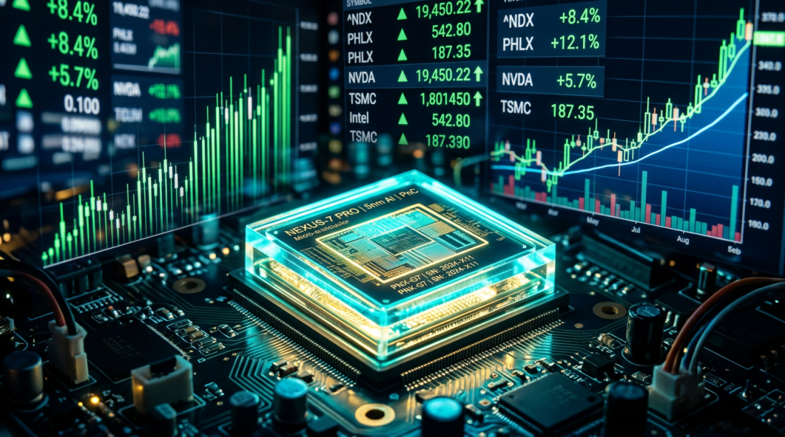 Microprocessor on circuit board with upward trending stock market graphs