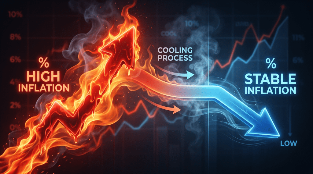 Red arrow with flames indicating high inflation transitioning into blue arrow with smoke representing stable inflation