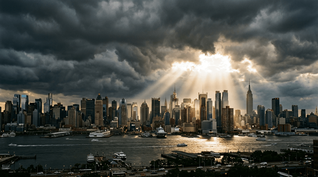 City skyline along waterfront with sun rays breaking through dark clouds