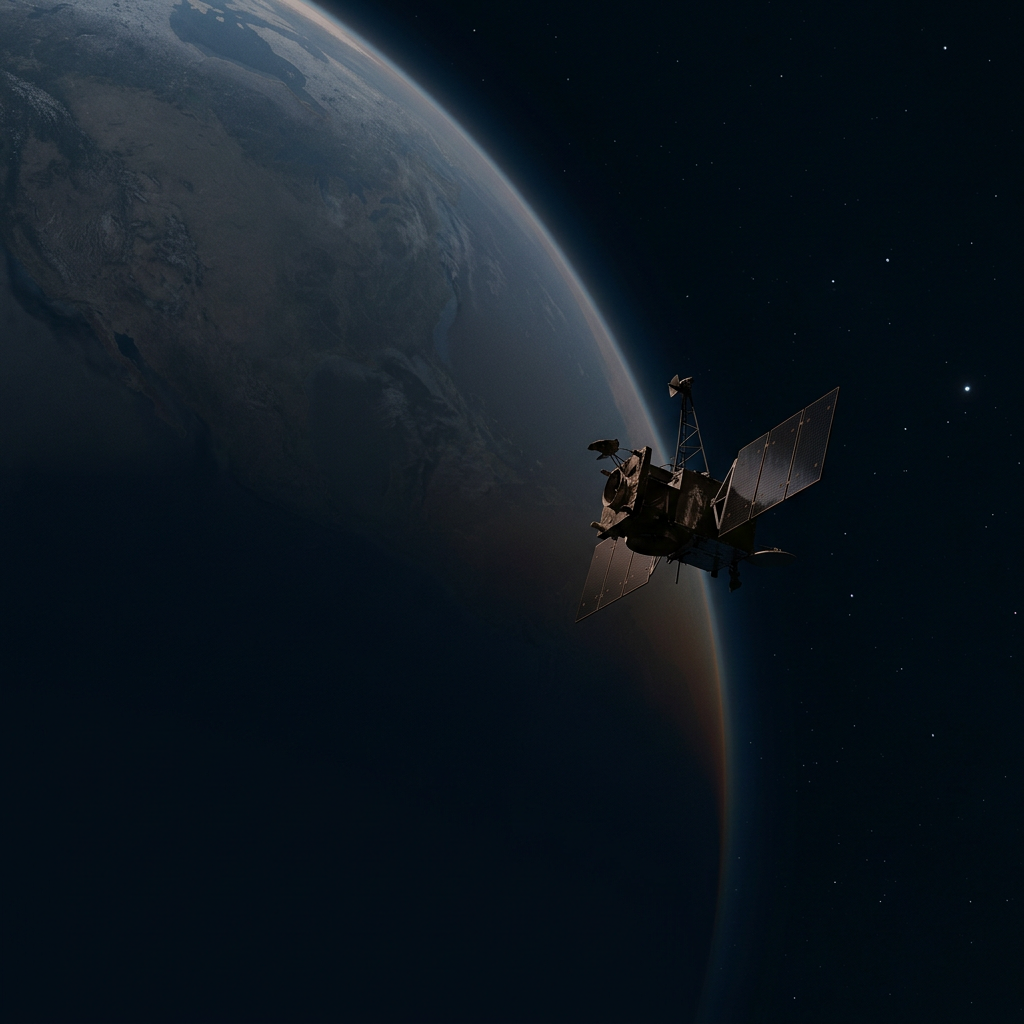 Satellite with solar panels orbiting Earth against a starry background