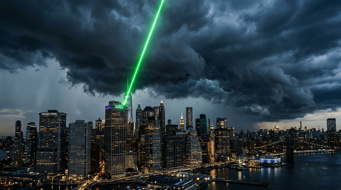 City skyline at night with dark storm clouds and green laser beam from building