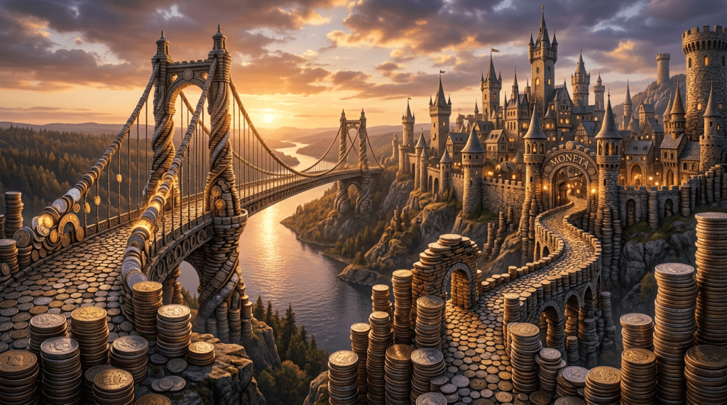 A castle and suspension bridge made of stacked coins by a river during sunset