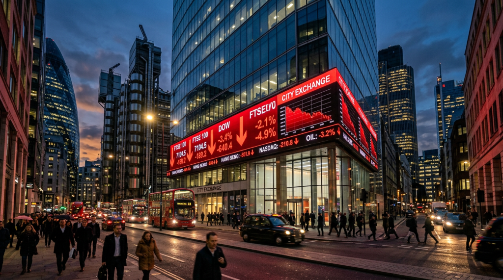 City Exchange building with large red stock market display showing market declines during evening rush hour