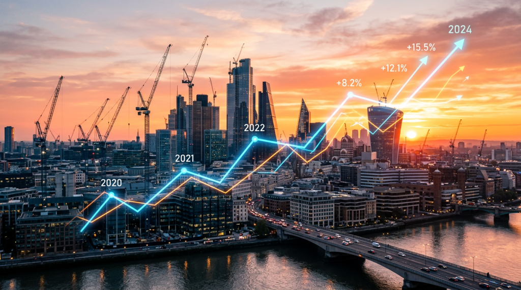 Sunset cityscape with cranes and overlay of growth trend lines from 2020 to 2024