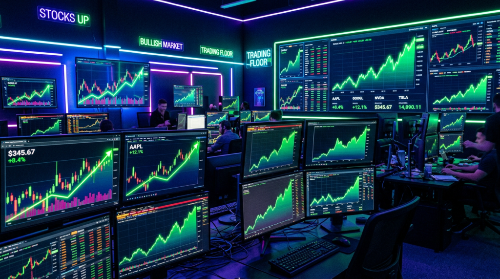 Trading floor with multiple monitors showing rising stock charts and traders at work