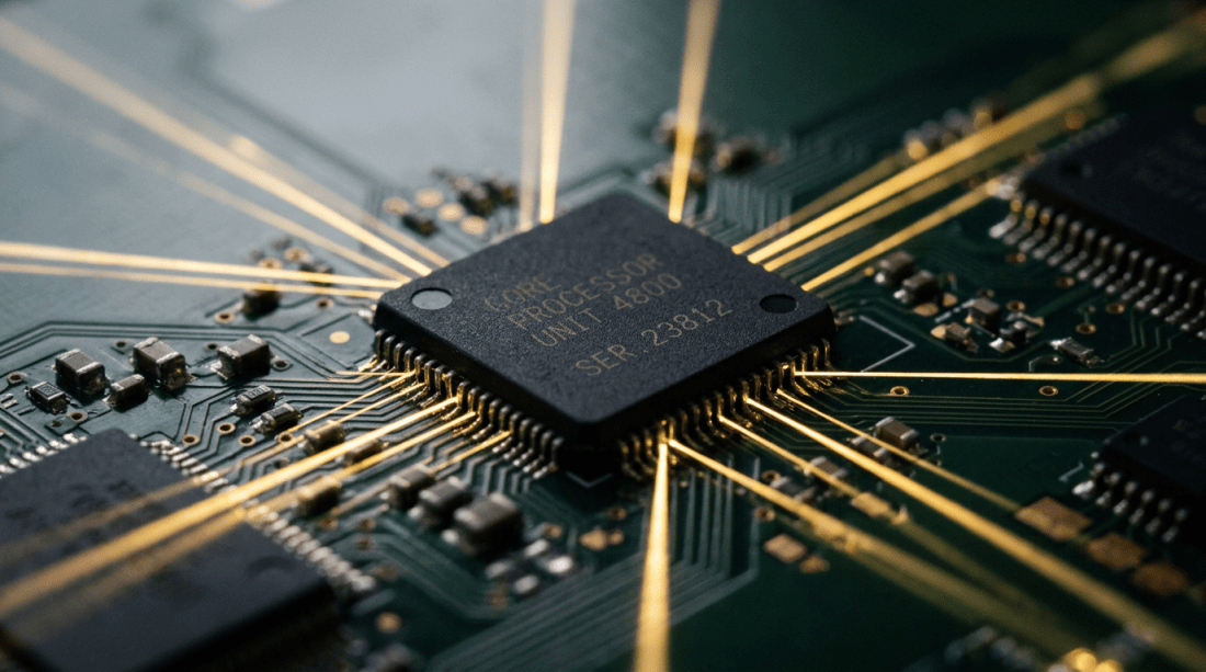Microprocessor chip labeled CORE PROCESSOR UNIT 4800 with golden circuit connections