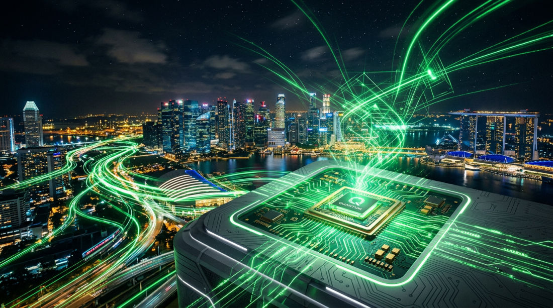 Futuristic microchip with green digital network lines overlaying a nighttime cityscape